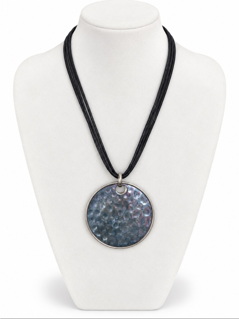 Silver Hammered Round Pendant Multi-Strand Black Cord Statement Necklace